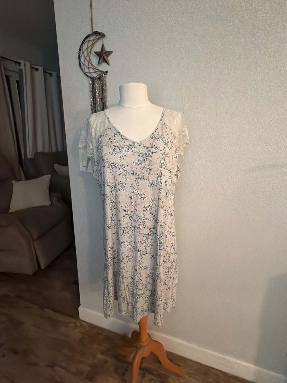 Charter Club Lace-Trim Chemise Nightgown Size L Gray Teal Floral